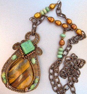 Brown and blue-green wire pendant necklace by Jane of Lone Rock Jewelry