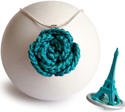Crochet rose necklace in teal, handmade in France by Céline