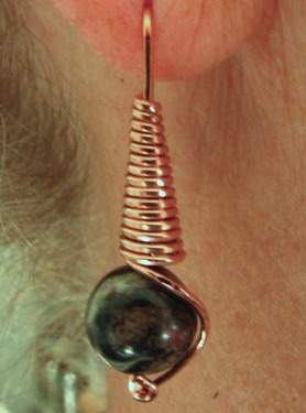 Spiral copper leopardskin jasper earrings by Lorraine Yapps Cohen