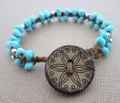 Waxed Linen and Turquoise Beaded Macrame Bracelet by Michelle Buettner