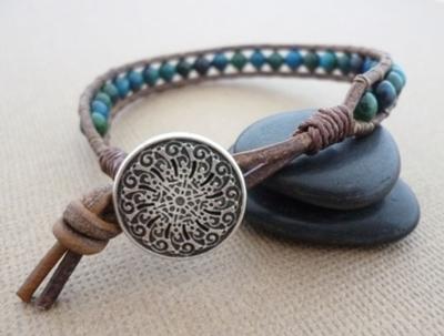 Leather and Chrysoprace Wrap Bracelet by Michelle Buettner