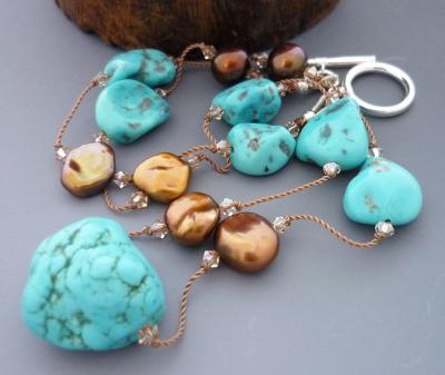 Hand Knotted Turquoise and Pearl Jewelry Set by MiShel Designs