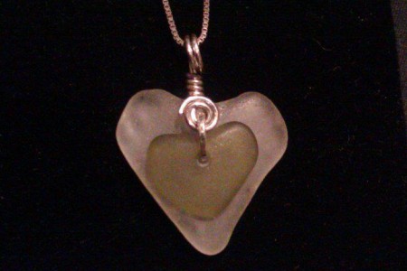 White and green sea glass hearts