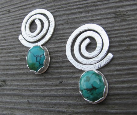 metalwork silver bezel earrings with soldered etched swirls