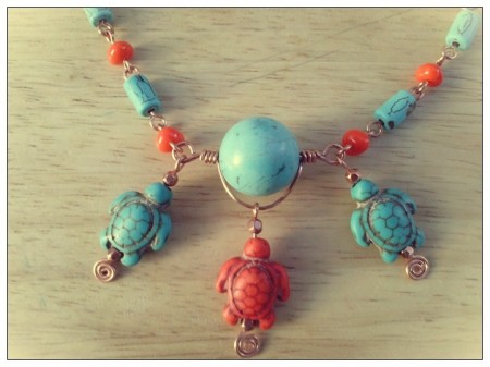 Copper wire wrapped and turtle beads necklace. 