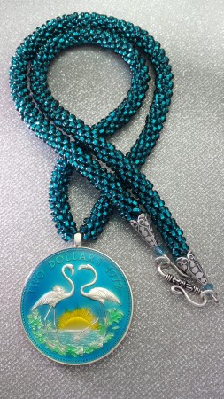 Hand painted Bahamas coin with Kumihimo braid