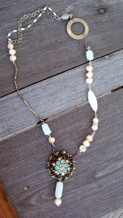 Vintage brooch, amazonite, pearls, shell, vintage chains