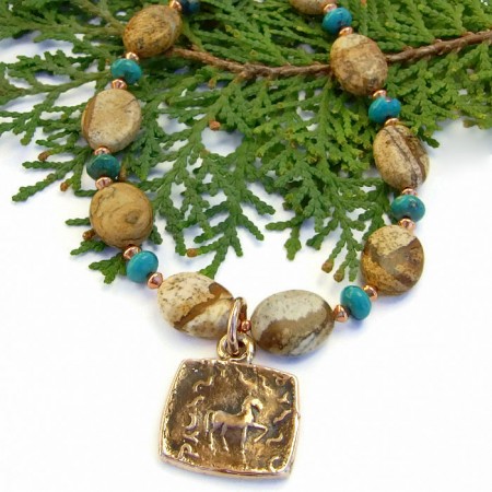 "Ancient Days" Handmade Bronze Horse Pendant Necklace with Picture Jasper and Turquoise