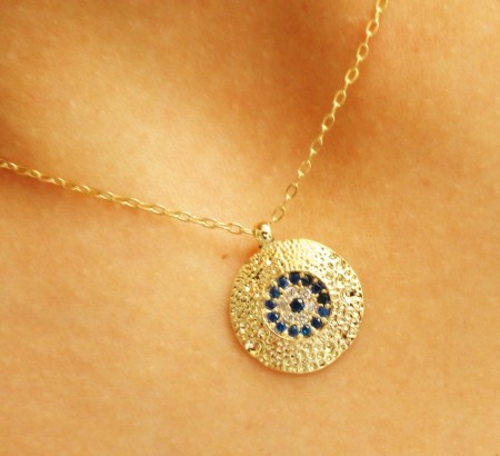 Gold plated evil eye necklace was made with cubic zirconia