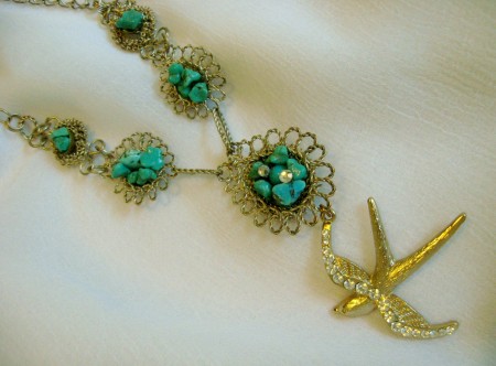 Turquoise and Crystal Bird's Nest Necklace