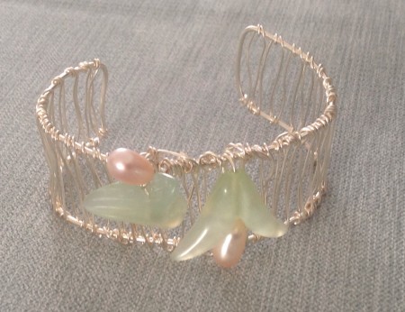 Wire cuff with amazonite and pink pearl