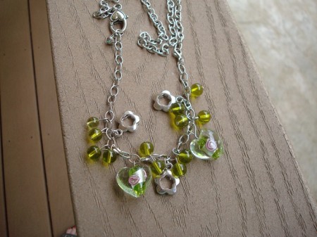 Green glass hearts-this was already a bracelet that I had and not my style. So I made it into a necklace.