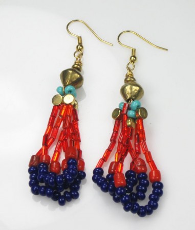Bright red & blue seed beaded earrings
