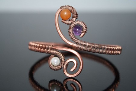 Adjustable copper bracelet with Amethyst, Pearls, and Aventurine