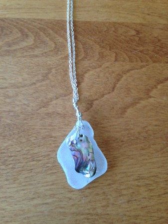 SWade: White Beach Glass with Abalone Chip Pendant
