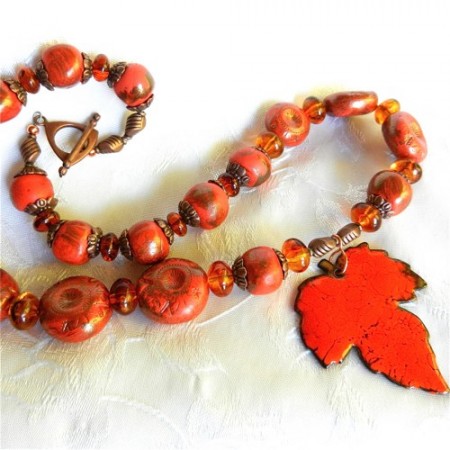 Handmade Enameled Scarlet and Copper Leaf Pendant, Handmade Signed Necklace