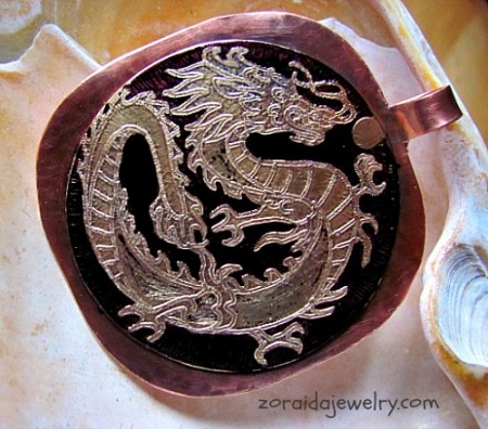 Zoraida: Etched Dragon on Brass and Copper Pendant 2
