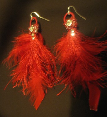 Red Eyelash and Feather Earrings