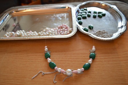 I began by mixing two different pearl-like colors with the Jasper. I can not tell you how many times these few beads were taken off and started the stringing over.