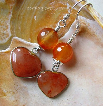 Simple carnelian, peach aventurine and silver drop earrings