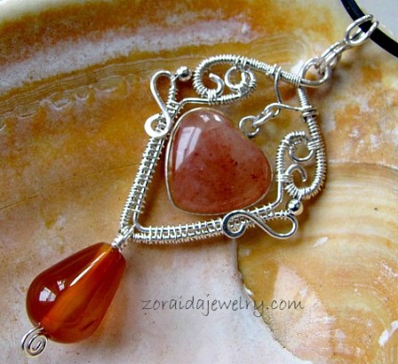 Carnelian and peach aventurine heart and silver pendant