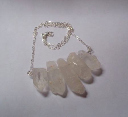 Bib style necklace Natural quartz crystals with sterling silver chain and wire
