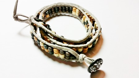 20" wrap around bracelet on grey cording with wooden barrel beads