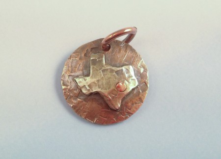Copper penny Texas pendant with rivet (Houston) - by Jean Megahan