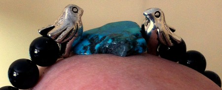 Black tourmaline, pewter birds, blue & green Nacozari turquoise slab, closeup