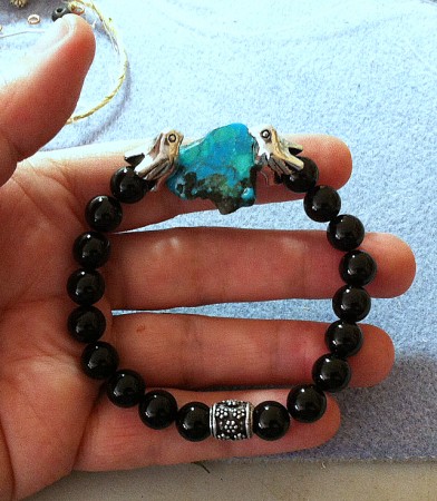Black tourmaline, pewter birds, blue & green Nacozari turquoise slab