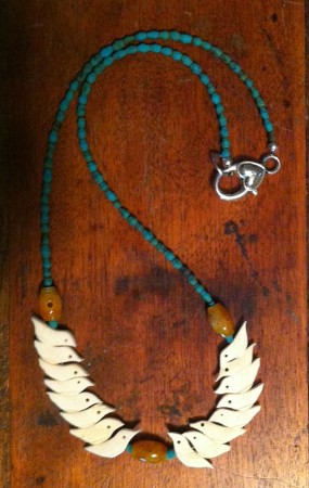 Bone birds, Afghan turquoise, carved jade lantern beads