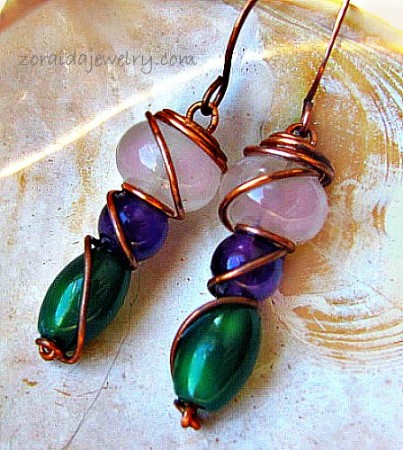 Amethyst, Green Agate, Rose Quartz and Copper Wire Earrings by Zoraida