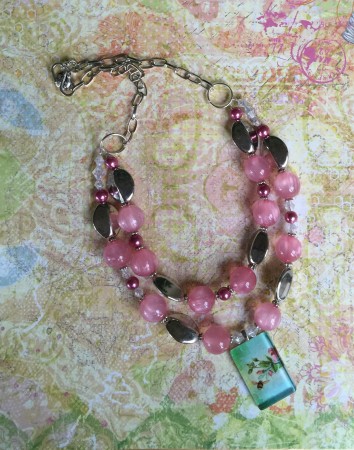 Pink bead bee glass-tile necklace