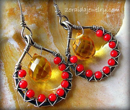Red coral, Golden Citrine, Sterling Silver Earrings by Zoraida