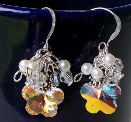 Bridal Swarovski Flower clear and white pearl dangle earrings