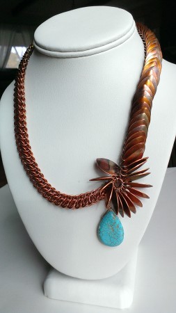 Flame painted copper scale and maille necklace.