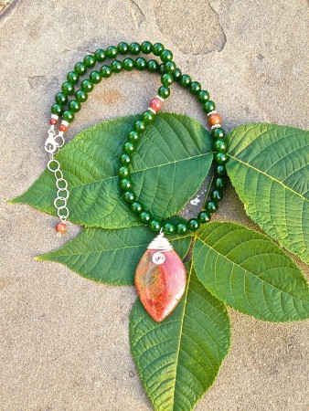 "Falling Leaf" Handcrafted Picasso Jasper/Canada Jade Necklace.