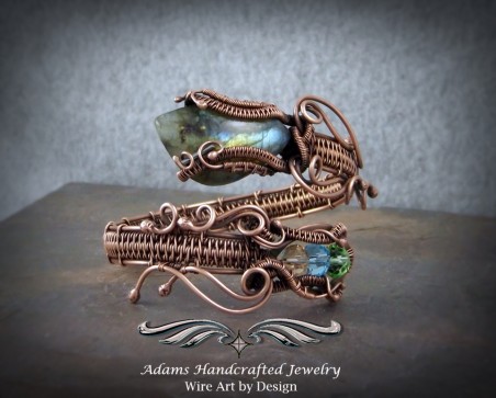 Rainbow Labradorite Cuff Wrap Bracelet Wire wrapped in Copper Patina w/ Czech Crystals