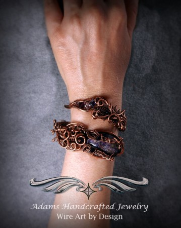 Charoite Cuff Coil 'Wave' Bracelet Wire wrapped in Copper Patina w/ Czech & Swarovski Crystals