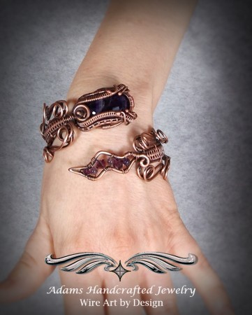 Petite Amethyst Cuff Coil Bracelet Wire wrapped in Copper Patina w/ Swarovski Crystals & Amethyst Beads