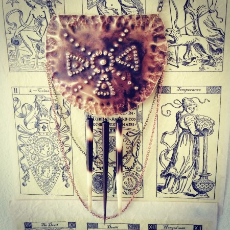 Hammered Red Brass Statement Necklace with African Porcupine Quills