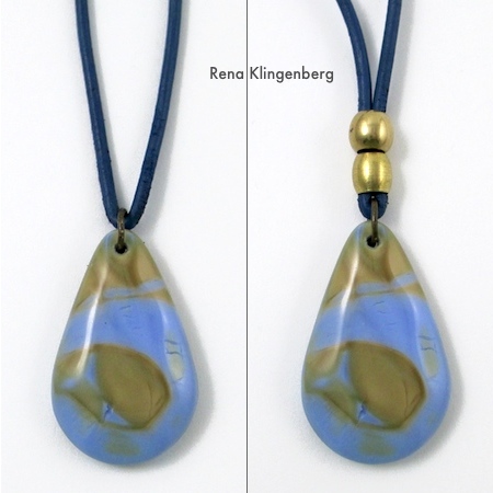 Glass pendant on leather cord with brass beads - Rena Klingenberg