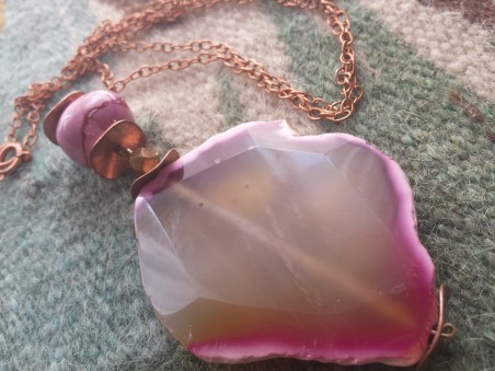 natural pink agate on a long copper chain
