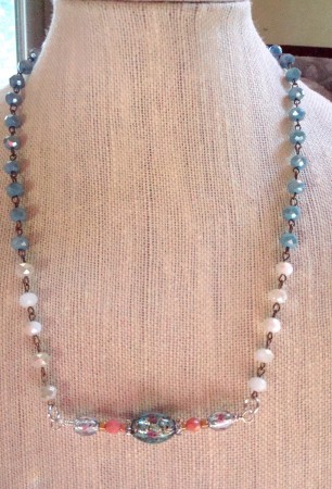 Blue and White Lampwork beaded necklace by Kathy Zee - featured on Jewelry Making Journal