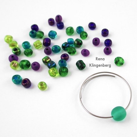 Start with the focal bead on the hoop earring - Memory Wire Pendant and Earrings - Tutorial by Rena Klingenberg