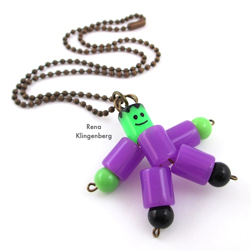 Frankenstein Necklace - Halloween Jewelry Tutorial by Rena Klingenberg - attaching Frankenstein pendant to the necklace chain