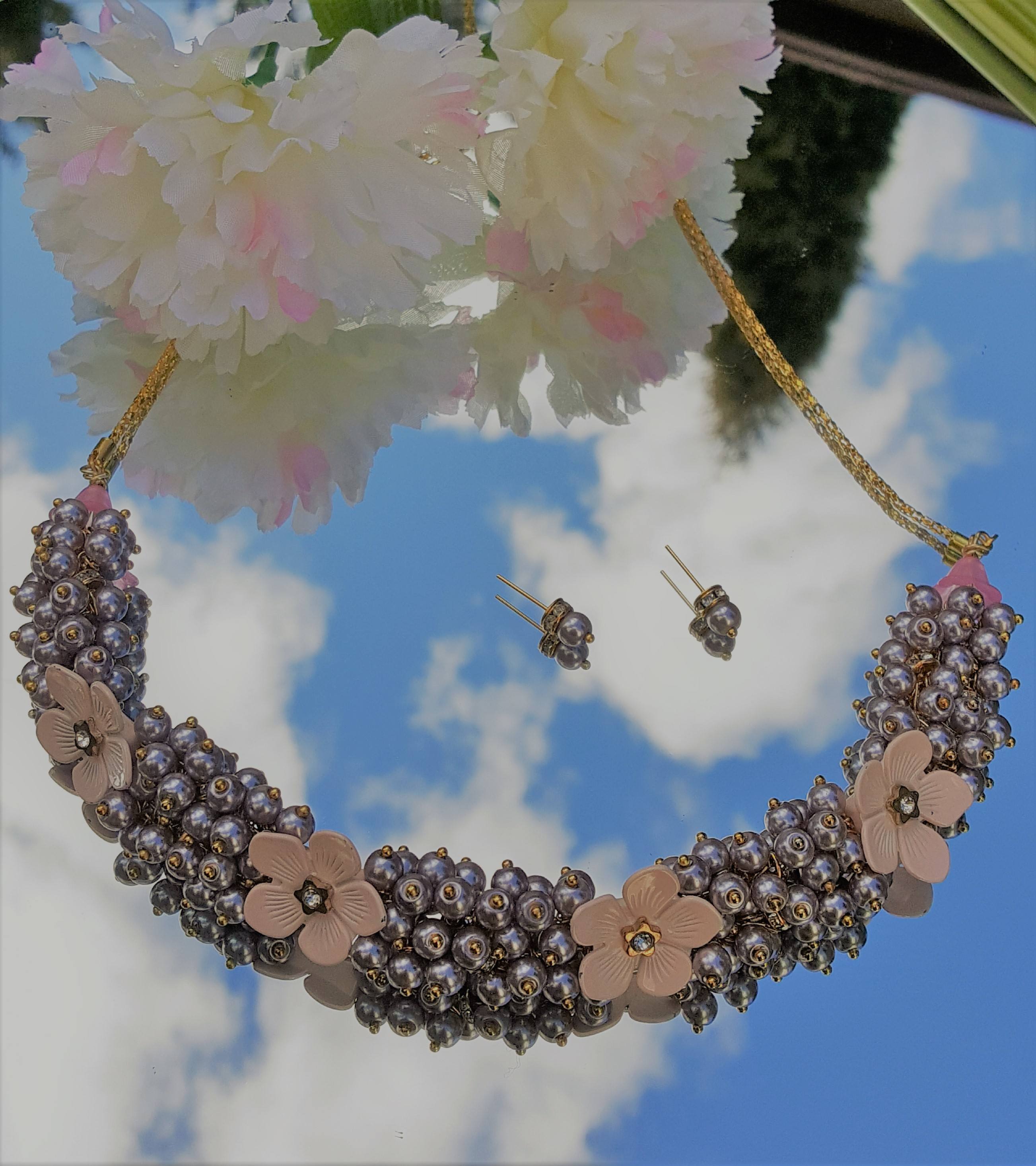 Cluster Necklace with Vintage Floral Spacers and Glass Pearls Jewelry